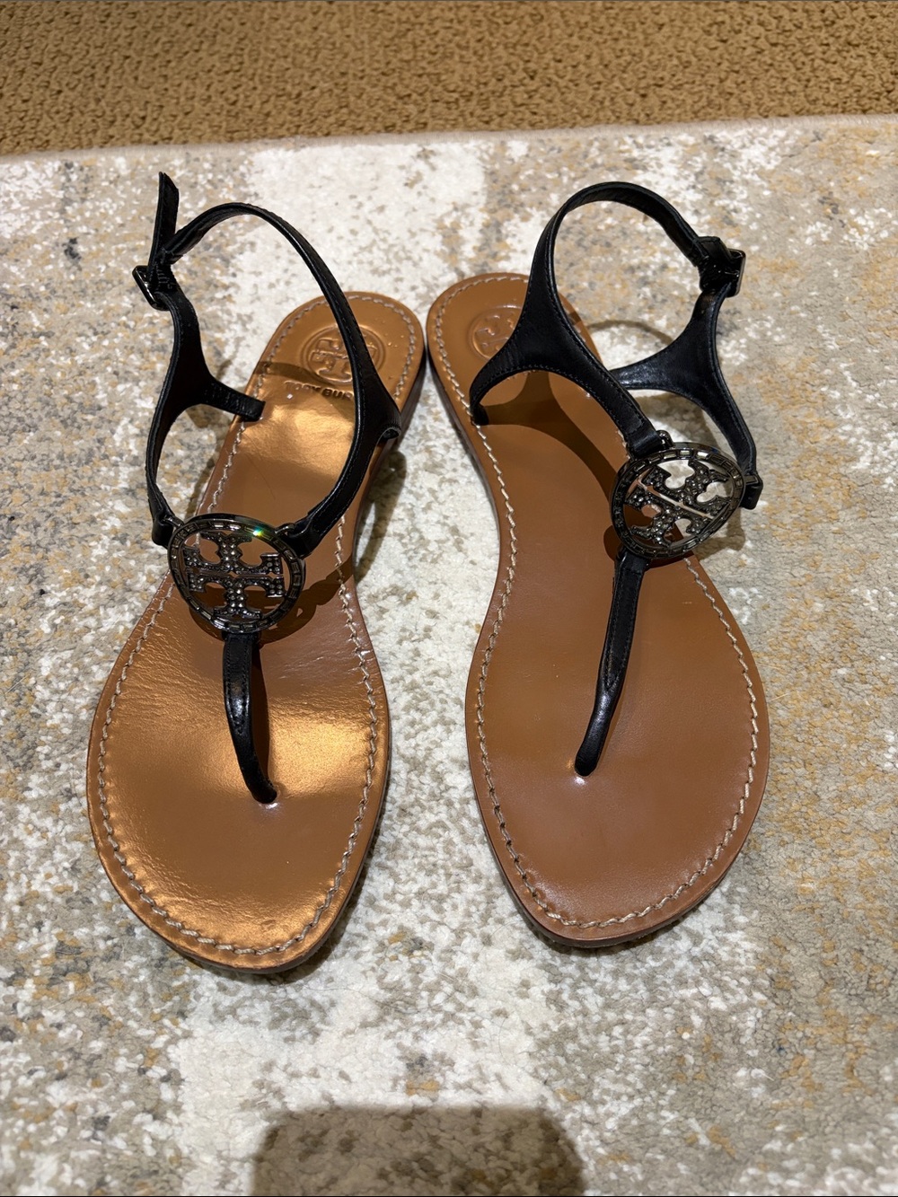 Tory Burch Black Leather Logo T-Strap Sandals with Tan Footbed